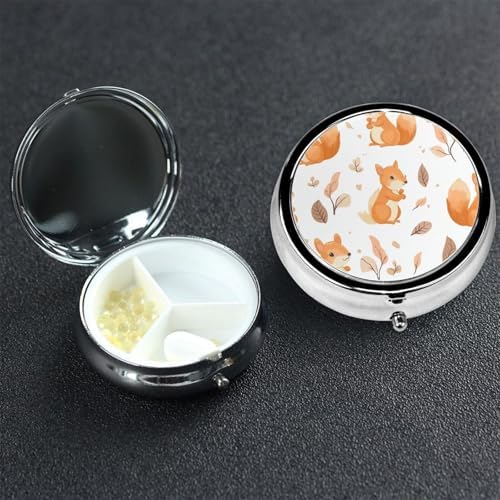 Pill Box 3 Compartment Medicine Pill Case for Pocket or Purse Mini Metal Pillcase Cute Squirrels Pill Holder Vitamin Organizer Portable Travel Pills Container to Hold Supplements Vitamins