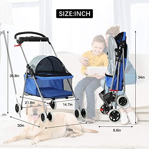 Meet Perfect Pet Stroller for Small/Medium Dogs & Cats, Blue, Foldable | Waterproof fabric helps protect pets during outdoor travel; Mesh panels provide ventilation and visibility.