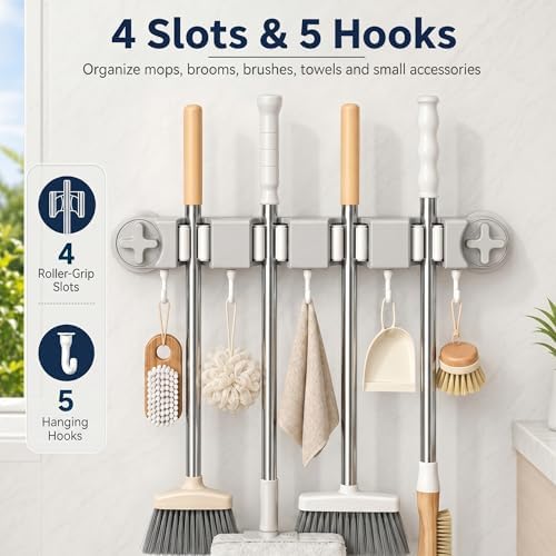 Mop and Broom Holder Wall Mount | No Drill Suction Cup, 4 Slots & 5 Hooks, Removable, For Bathroom, Laundry Room, RV Camper