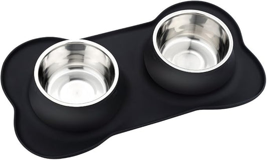 Pet Deluxe Dog Bowls Stainless Steel Dog Bowl with No Spill No Skid Silicone Mat, 24/48 oz Dog Food and Water Bowl Set Double Dog Feeder Bowl Dog Dish for Small Medium Large Sized Dogs Cats Puppy