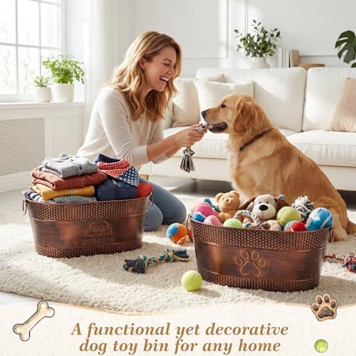 Zonon 2 Pack Metal Dog Toy Baskets, Large Dog Toy Bin with Handles | Copper Dog Toy Box, Durable Galvanized Steel Pet Toy Storage Box for Dog Blankets Leashes Storage Living Room Area (21 Quart)