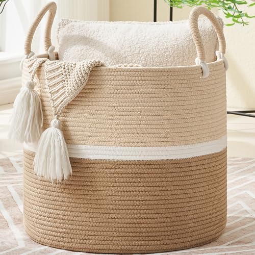 KAKAMAY Large Blanket Basket (18"x18"x16"),Woven Baby Laundry Hamper for Storage, Cotton Rope Blankets Baskets for Nursery, Laundry, Living Room, Pillows, Baby Toy chest with Handles (Light Brown)