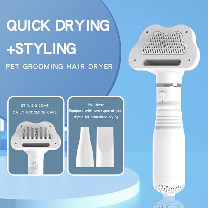 Dog Hair Dryer, 3-in-1 Cat Blow Dryer with Slicker Brush, 600W Pet Hair Dryer for Small and Medium-Sized Dogs and Cats, Dog Grooming Dryer Portable ＆ Adjustable Temperature,