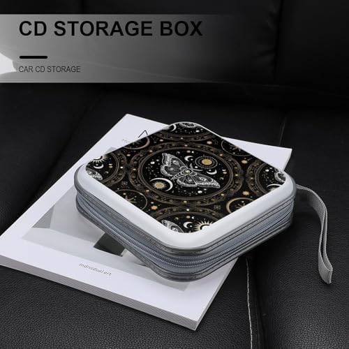 Hard Plastic CD/DVD Organizer Gothic Witchy Sun Moon Mushroom Moth, 40-Disc Storage Binder with Zipper, Portable Protective Case for Car Office