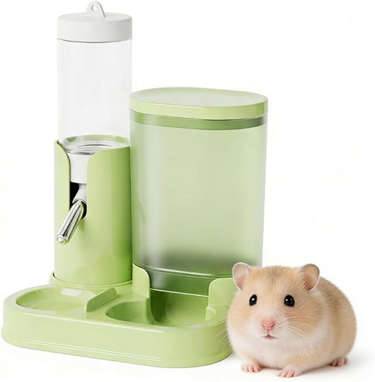 No Drip Hamster Water Bottle, 2 in 1 Automatic Hamster Water Dispenser & Food Bowl, Freestanding Small Animal Water Bottle Cage Accessories for Dwarf Hamster, Gerbil, Rat, Mice (Green)
