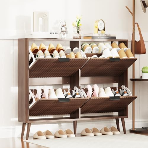 KIGOTY Narrow Shoe Storage Cabinet, Shoe Cabinet with 4 Flip Drawers, Freestanding Shoe Organizer with Legs for Entryway, Slim Shoe Rack Cabinet for Enterway (Walnut, 4 Flip Drawer)