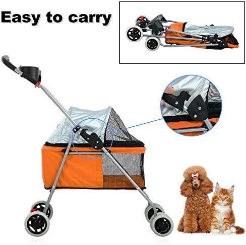 Meet Perfect Pet Stroller for Small/Medium Dogs & Cats, Foldable | Waterproof fabric helps protect pets during outdoor travel; Mesh panels provide ventilation and visibility.