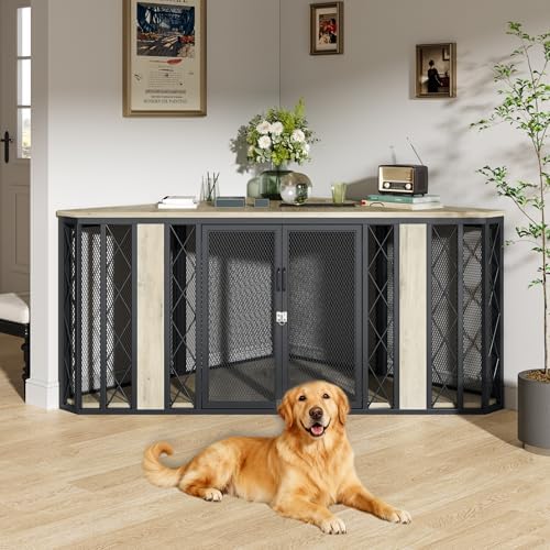 kepptory 67" Corner Wooden Dog Crate Furniture with Diamond Metal Decoration, Pet Kennel for Small, Medium and Large Dogs, Space-Saving Dog Cage for TV Stand(Grey)