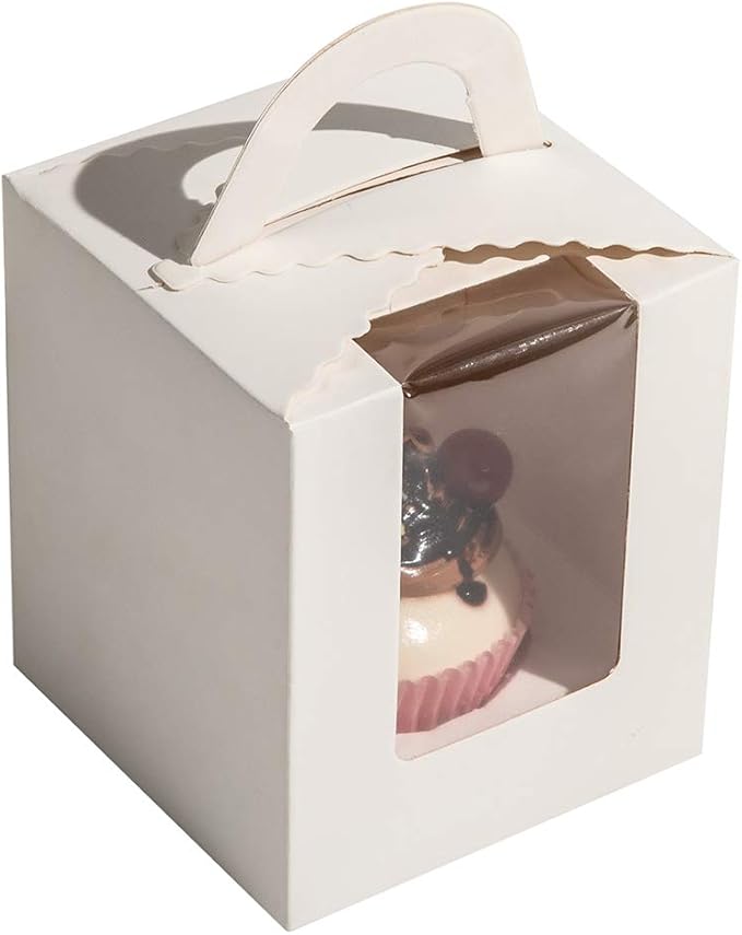 25 Pcs Single White Cupcakes Containers Gift Boxes with Window Inserts Handle for Wedding Candy Boxes (25P-Handle-White)