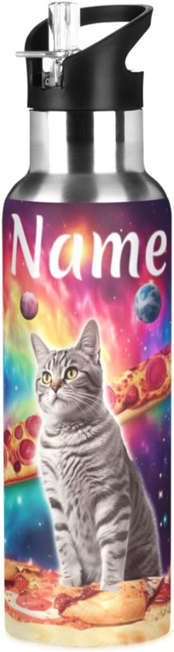 Custom Name Cat Pizza Planets Space Water Bottle with Straw Lid Kids Insulated Stainless Steel Water Flask Sports, 20 Oz Hot Cold