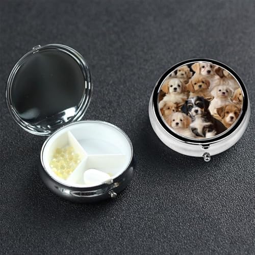 Cute Pet Dogs Pill Box with Mirror 3 Compartment Decorative Pill Case for Purse or Pocket Small Round Pill Organizer Weekly Metal Medicine Tablet Vitamin Holder Travel Gift