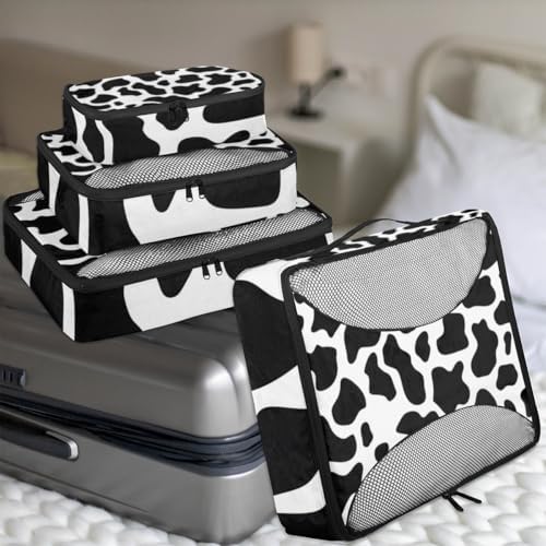 Black White 4 Set Packing Cubes Luggage Organizer Bags for Travel Accessories and Essentials, Fun Cow Print Farm Animal