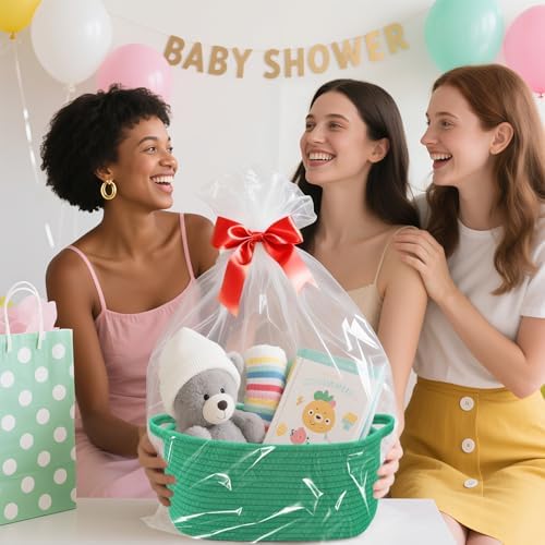 Woven Basket with Gift Bags and Ribbons, 14"X 10" X 6" Storage Basket Green | Gift Storage Organizer Basket Bin Shelf Shelves Cotton Rope Basket for Nursery, Pet Toys