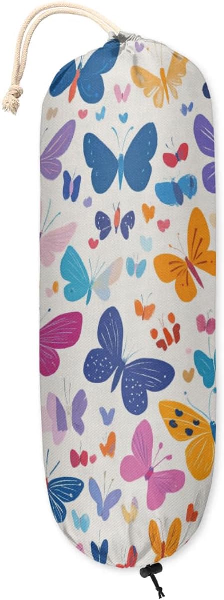Colorful Butterfly Plastic Bag Holder Spring Butterflies Grocery Bag Storage Dispenser Washable Hanging Shopping Bags Carrier Reusable Wall Mount Trash Bag Organizer for Kitchen Pantry