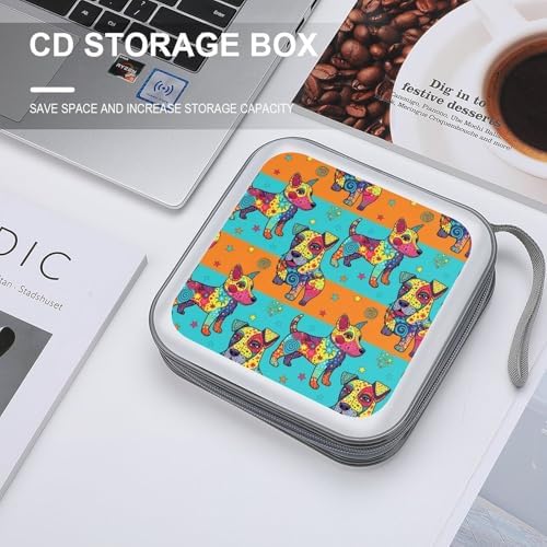 DVD Storage Binder for 40 Discs Colorful Dog, Hard Shell Protective Wallet with Handle, Portable CD Organizer for Car Travel