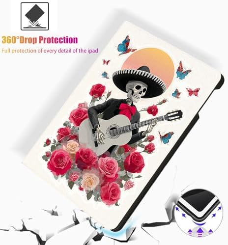 for Microsoft Surface Pro X/Pro X Plus-13 2019/2020/2021/2024 Tablet Case,Auto Wake/Sleep,Adjustable Stand Protective Cover - Day of The Dead Guitar Skeleton