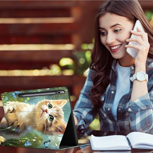 Case for Samsung Galaxy Tab S8 Plus 2022/S7 FE 2021/S7 Plus 2020 12.4" | Slim Leather Smart Cover with Multi-Angle Anti-Slip Stand [Auto Wake/Sleep] Shell for Women Men, Lawn Cat Butterfly
