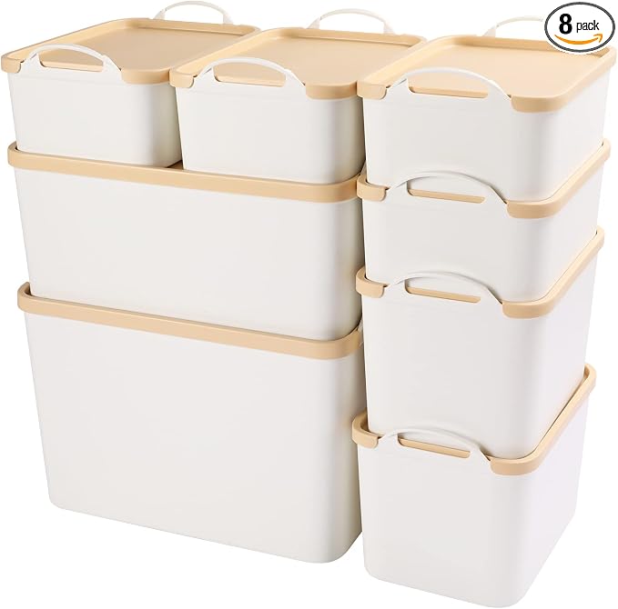 ANMINY White Plastic Storage Bins Baskets with Lids, 8-Pack, 1XL+1L+2M+4S | Large Plastic Bins, Sturdy PET, with Handles, Stackable, Opaque Storage Boxes, for Closet Shelves Desk, Wheat Lids