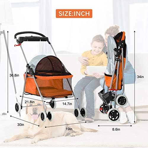 Meet Perfect Pet Stroller for Small/Medium Dogs & Cats, Foldable | Waterproof fabric helps protect pets during outdoor travel; Mesh panels provide ventilation and visibility.