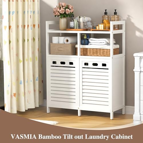 VASMIA Tilt Out Laundry Hamper Cabinet, Bamboo Double Laundry Hamper with 2 Removable Laundry Baskets, 20 Gal Laundry Sorter Organizer with Shelf for Dirty Clothes, Bathroom, Laundry Room, White