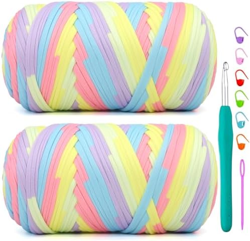 2 Pack Rainbow Tshirt Yarn for Crochet,Pastel Rainbow T Shirt Soft Elastic Fabric Chunky Thick T-Shirt Crochet Yarn for Crocheting Knitting Beginner Hand Knitting Bag/DIY Craft/Home Decor 2 * 400G