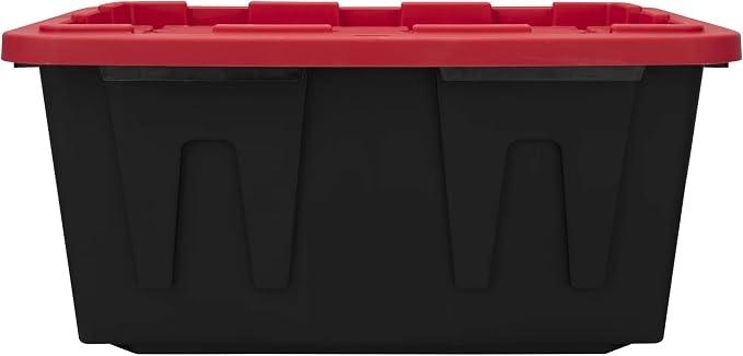 27-Gallon Storage Bin (2-Pack), Large Plastic Storage Container with Secure Snap-On Lid, Tote for Industrial and Home Organization, Black with Red Lid