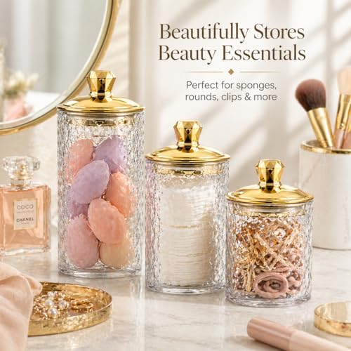 3-Pack Clear Acrylic Diamond-Cut Storage Jars with Gold Lids – Airtight Containers for Kitchen, Bathroom & Home Organization – Versatile Jars for Cotton Pads, Bath Salts & Snacks