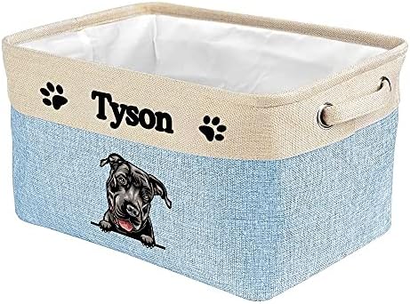 Custom Fabric Dog Toy Storage Basket with Lovely Dog Pit Bull Collapsible Sturdy Fabric Pet Toys Storage Bin Cube with Handles for Organizing, Blue amd White