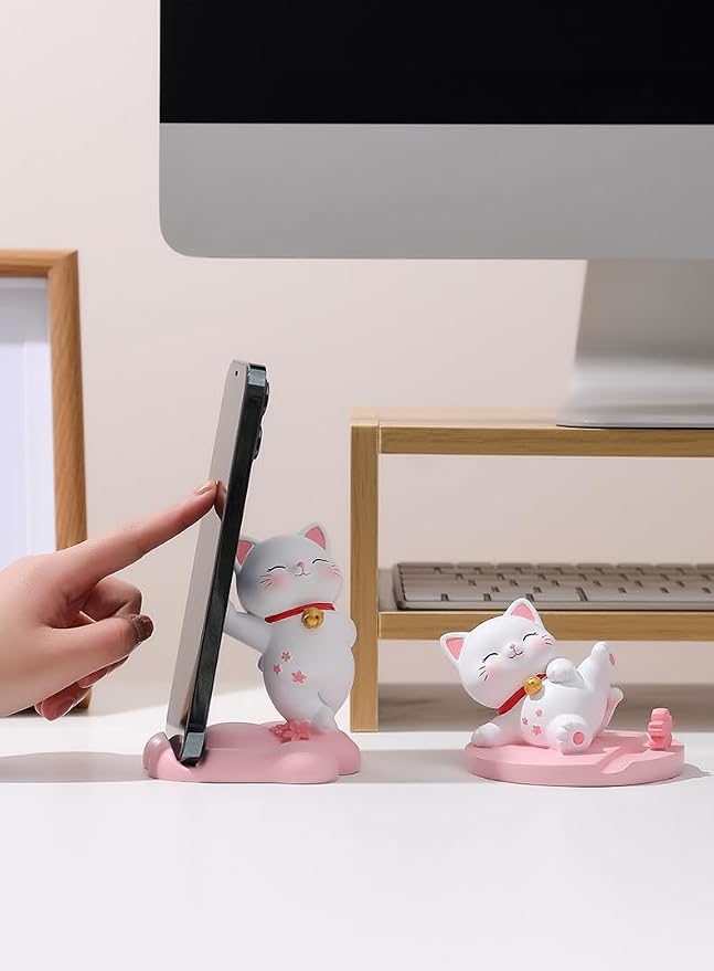 Cute Cat Phone Holder Desk Ornament Kawaii Phone Stand Universal Desk Phone Stand for All Mobile Smartphones Tablets