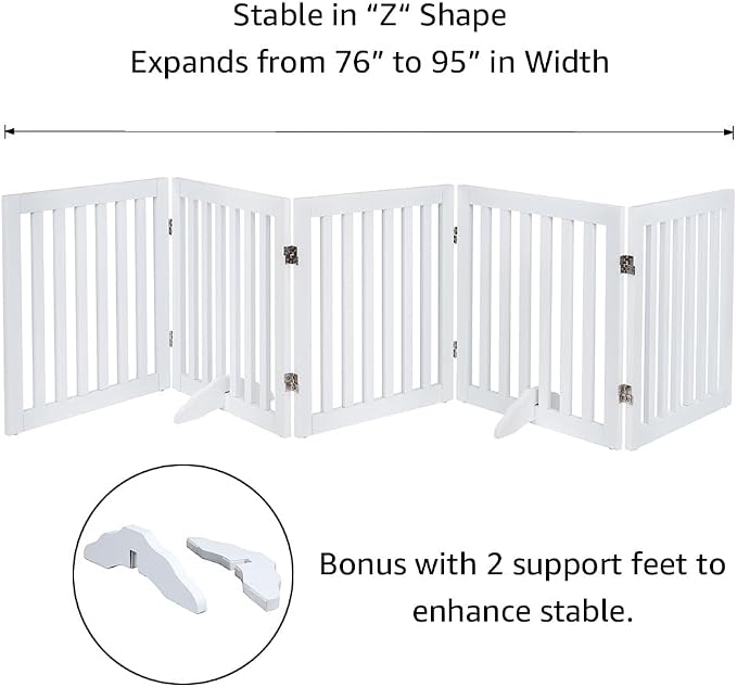 unipaws 24”H Free Standing Pet Gate for Dog Cat, 100”Wide Wooden Dog Gates | Foldable Pet Fence for Doorway, Stairs, Step, Expandable Doggy Barrier, Indoor Use, White