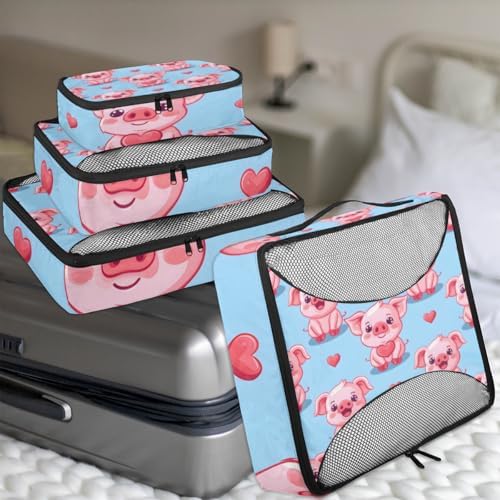 Kawaii Pig 4 Set Packing Cubes Luggage Organizer Bags for Travel Accessories and Essentials, Cartoon Pig