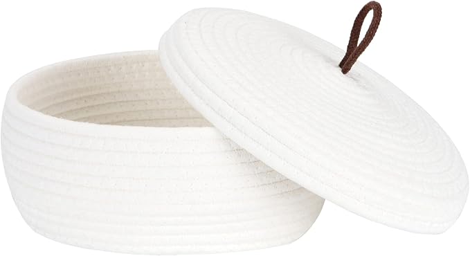 Sea Team Round Woven Cotton Rope Storage Basket with Lid, White | Lidded Knitted Decorative Storage Bin, Pot, Caddy, Organizer, Container for Snacks, Towels, Plants, 10 x 4.5 Inches