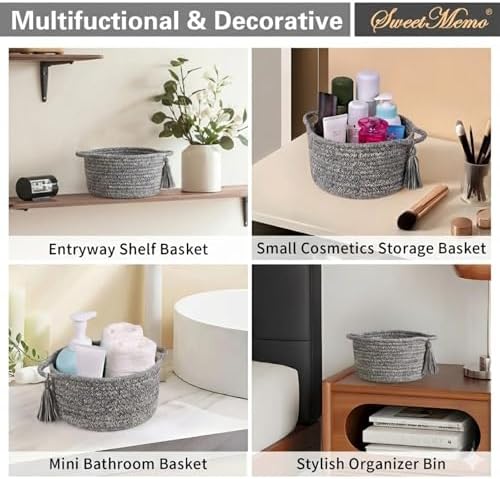 Small Gift Basket Empty to Fill, Gift Bag & Ribbon, Light Grey | Cute Decorative Mini Woven Rope Basket with Handles for Gifting; Reusable for Bathroom Counter or Desk Catchall, 8 x 4.7 in