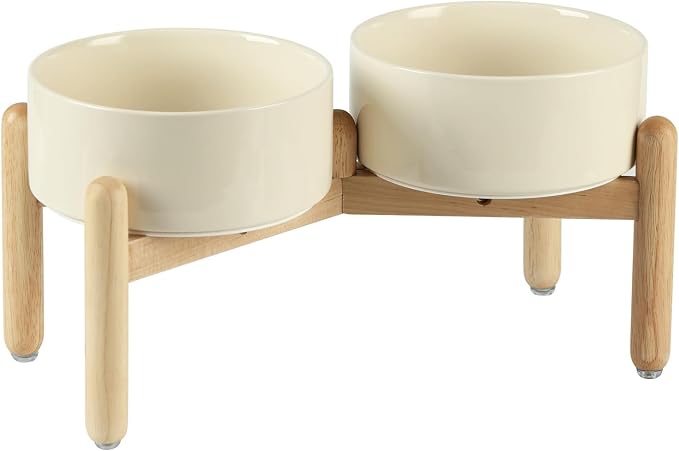 Havniva Ceramic Dog Bowls Elevated, Raised Dog Food Bowl for Medium Dogs | 7.3” Elevated Dog Bowls, Non-Slip Wood Stand, Dog Food and Water Bowl Set, Dog Feeding Dish, Large Capacity Pet Water Bowl