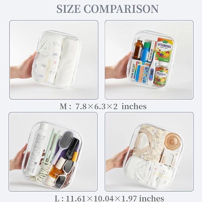3-Pack Medium Clear Hard Shell Zipper Pouches, Clear Zipper Bags, Hard Case Pouches for Purse & Diaper Bag Organizer, and Travel Essentials (3M)
