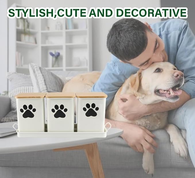 Set of 3 Metal Dog Treat Jars,60oz Airtight Dog Treat Container with Bamboo Lids,Cat Treat Canister,Puppy Cookie Container for Kitchen Counter,Coated Galvanized Steel-White