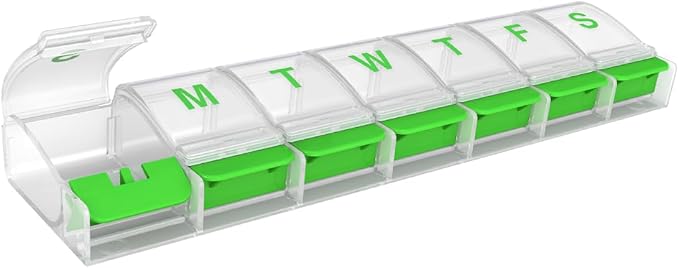 Ezy Dose Weekly (7-Day) Pill Organizer, X-Large Medicine Case, Green/Clear | Daily Vitamin & Supplement Planner, Spacious Push-Button Compartments, Convenient & Easy to Use, Travel-Friendly, BPA-Free