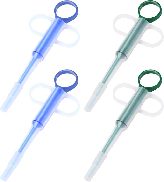 4PCS Pet Pill Feeders Tool Accessories for Cats and Dogs, Pill Plunger Popper for Small Animals, Soft Tip Medicine Dispenser with Syringe Pusher (Blue, Green)