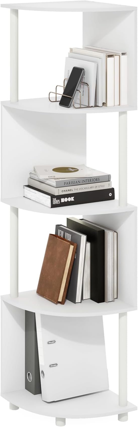 Furinno ECON Corner Shelf, 4-Tier Corner Book Shelf, Zigzag Storage Shelves, Display Rack, Bookshelf, for Organization and Storage, Living Room, Home Office, White