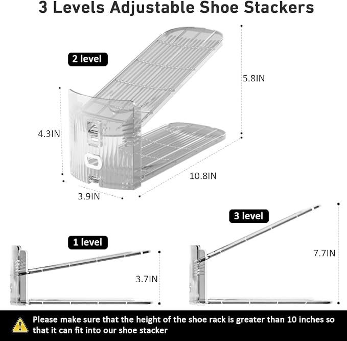 NVGSN 20Pack Clear Shoe Slot Organizer,Shoe Stacker,Storage Space Saver 50% | 3 Levels Adjustable Height 3.7''-7.7''shoe Organizer for Closet,Easy to Assemble shoe Rack Divider,Organizador de Zapatos