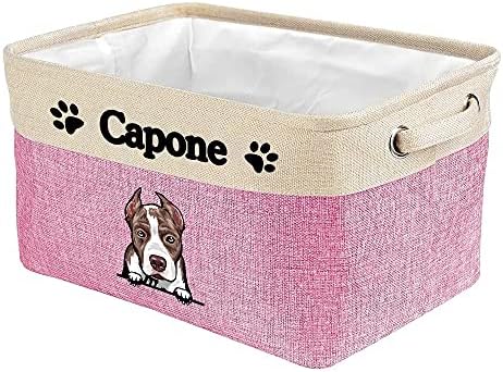 Custom Storage Basket with Cute Dog Pit Bull Collapsible Sturdy Fabric Pet Toys Fabric Dog Toy Storage Bin Cube with Handles for Organizing, Pink and White