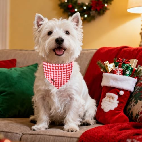Red and Pink Plaid Dog Bandana–Red and Pink Checked Triangle Scarf for Small Medium Large Dogs, Soft Cotton Pet Bib for Dogs, Adjustable Dog Kerchief