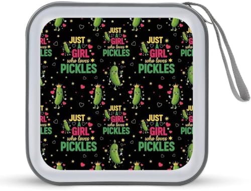 40 Capacity CD Case Holder Pickles Disc Wallet Organizer Binder | Portable Zipper DVD Storage with Strap for Car Office Home Travel, Hard Plastic, Just A Girl Who Loves Pickles