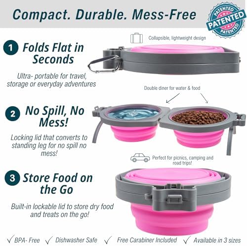 Loving Pets Bella Roma Double Diner Collapsible Dog Bowls - Silicone Dog Bowls, Foldable Bowl, Puppy Essentials & Hiking Pet Supplies Great for Home & Travel (Pink, Small)
