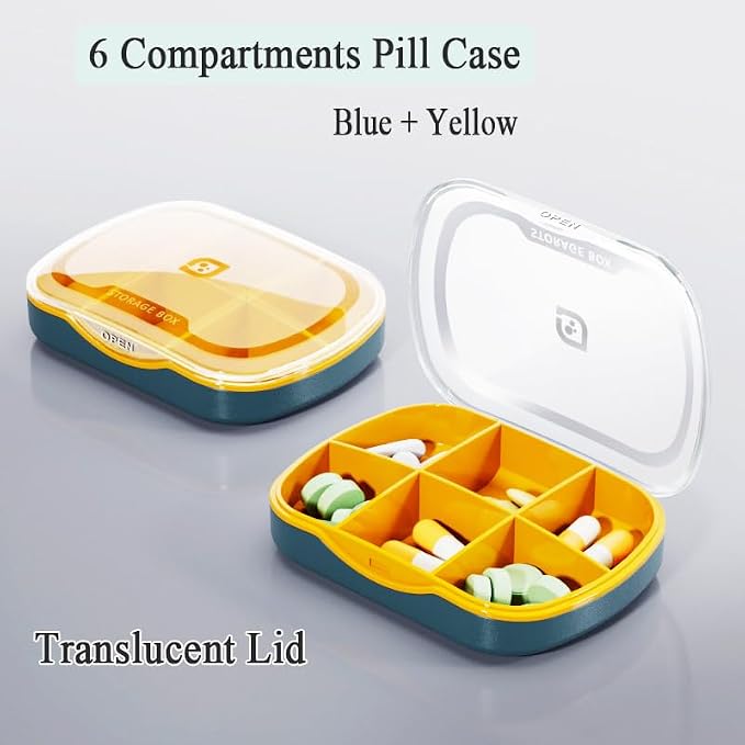 Weekly Pill Case Organizer, Small Travel Pill Box Planner 6 Tray | Cute Pocket Purse Daily Medicine Dispenser Reminder for Vitamin, Supplement, Fish Oil, Capsules, Tablet, Meds Storage Sorter