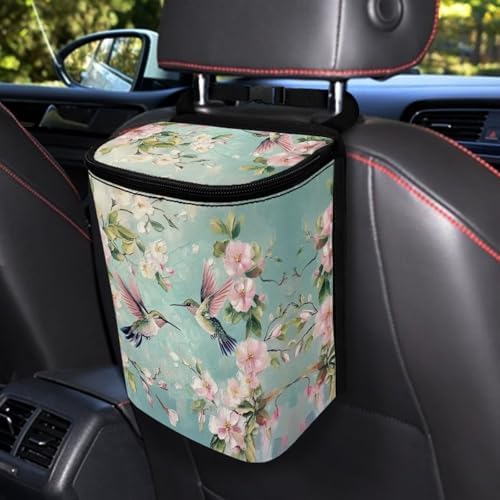 DISNIMO Spring Blossom Hummingbird Car Trash Can Car Accessories Organizer Garbage Bag Dustbin Container with Zipper Lid Waste Basket Storage Pockets Hanging Vehicle Trash Bin