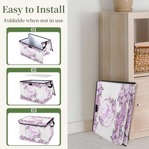 Purple Flower Storage Bin with Lid Personalized Storage Baskets for Organizing Foldable Closet Organizers with Handles,Cute Basket for Boys Girls for Clothes Blanket Pet Dog Toy Basket Storage 1 Pack