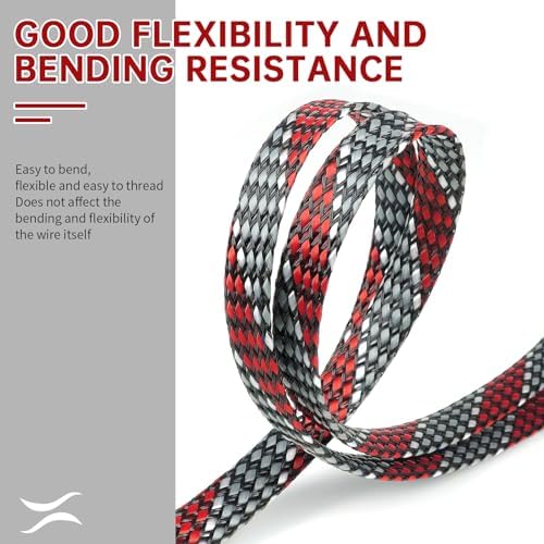 New Braid Sleeve,PP Cotton PET Braided Sleeve Tube Soft Wire Wrap Insulated Cable Protection Line Harness Sheath Daily Household Wire Management (Red Grey White, 12mm (15/32")-19ft)