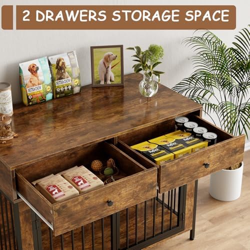 2 Pcs Large Dog Kennel Furniture with 2 Drawers, Wooden Dog Crate, Brown | 44 inch dog crate furniture with storage, decorate end table, dog cage for small medium large dogs