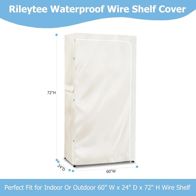 Rileytee Wire Shelf Cover,Heavy Duty 600D Dustproof Waterproof Shelf Covers for Wire Shelving,Outdoor Storage Rack Cover for Wire Rack with Zipper,White,60"W x 24"D x 72"H